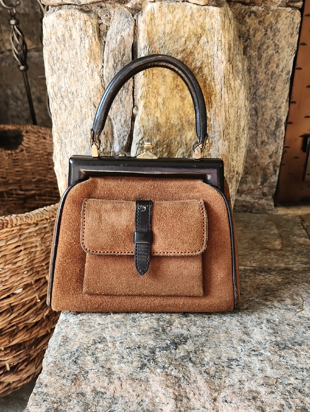 TANO Classic Brown Suede Top-Handle Bag with Black Trim